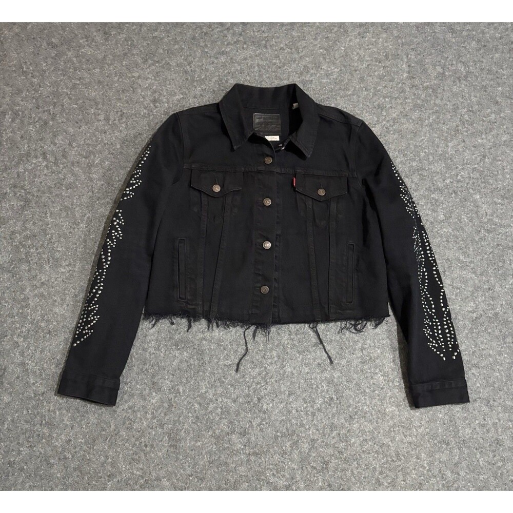 Levi's Denim Trucker Jacket Women’s XL Studded Sleeves Fringe Back Cropped